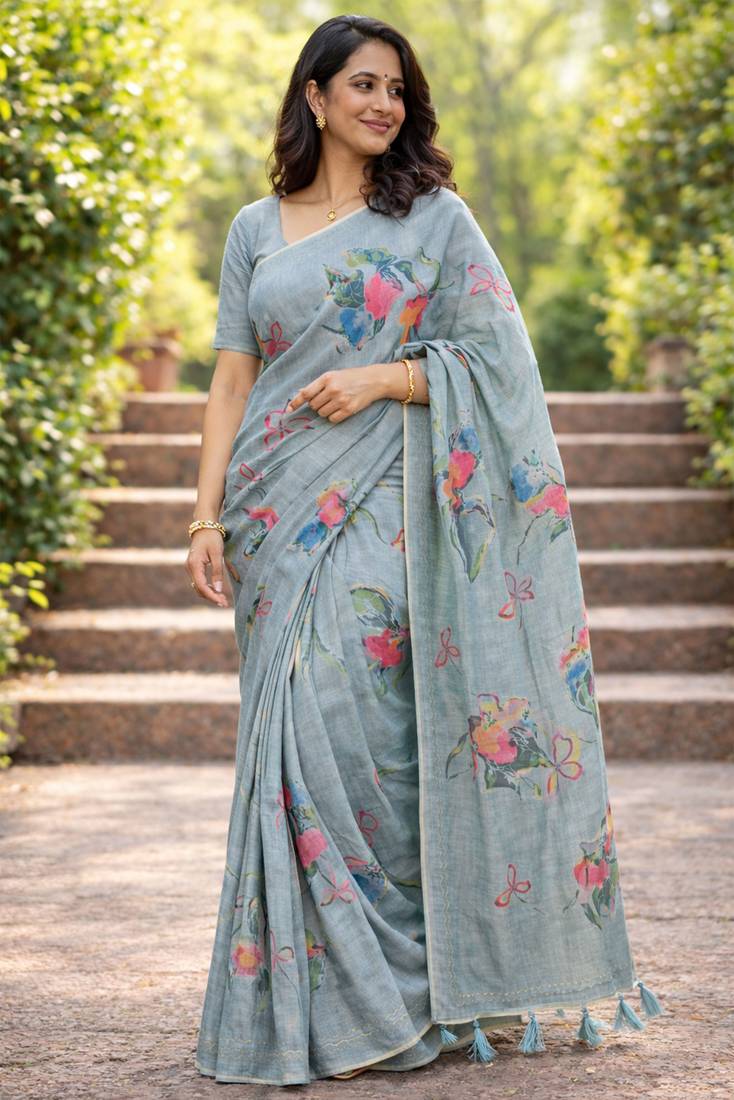 Sangam prints grey cotton print with aari work woven work traditional saree