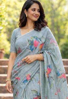 Sangam prints grey cotton print with aari work woven work traditional saree 2