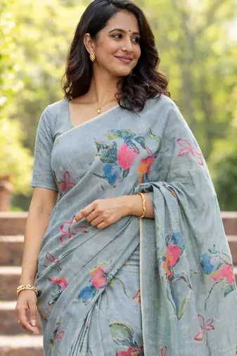 Sangam prints grey cotton print with aari work woven work traditional saree