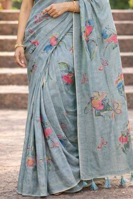 Sangam prints grey cotton print with aari work woven work traditional saree 3