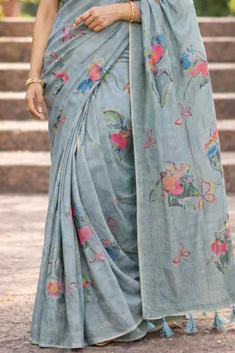 Sangam prints grey cotton print with aari work woven work traditional saree