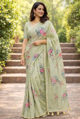 Sangam prints green cotton print with aari work woven work traditional saree 1