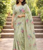 Sangam prints green cotton print with aari work woven work traditional saree