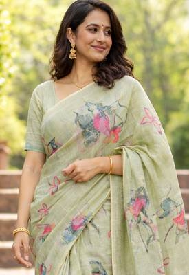 Sangam prints green cotton print with aari work woven work traditional saree 2