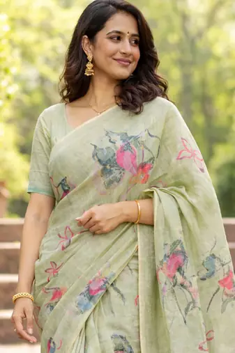 Sangam prints green cotton print with aari work woven work traditional saree