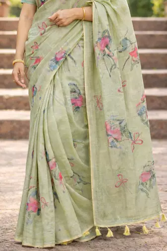 Sangam prints green cotton print with aari work woven work traditional saree