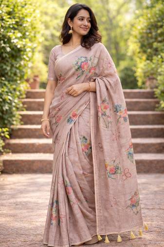 Sangam prints beige cotton print with aari work woven work traditional saree