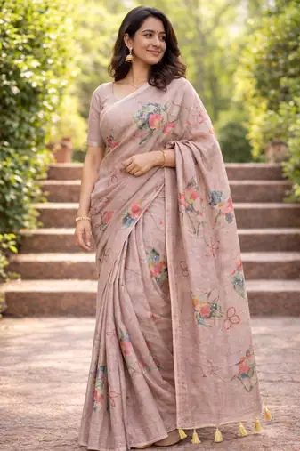 Sangam prints beige cotton print with aari work woven work traditional saree