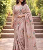 Sangam prints beige cotton print with aari work woven work traditional saree