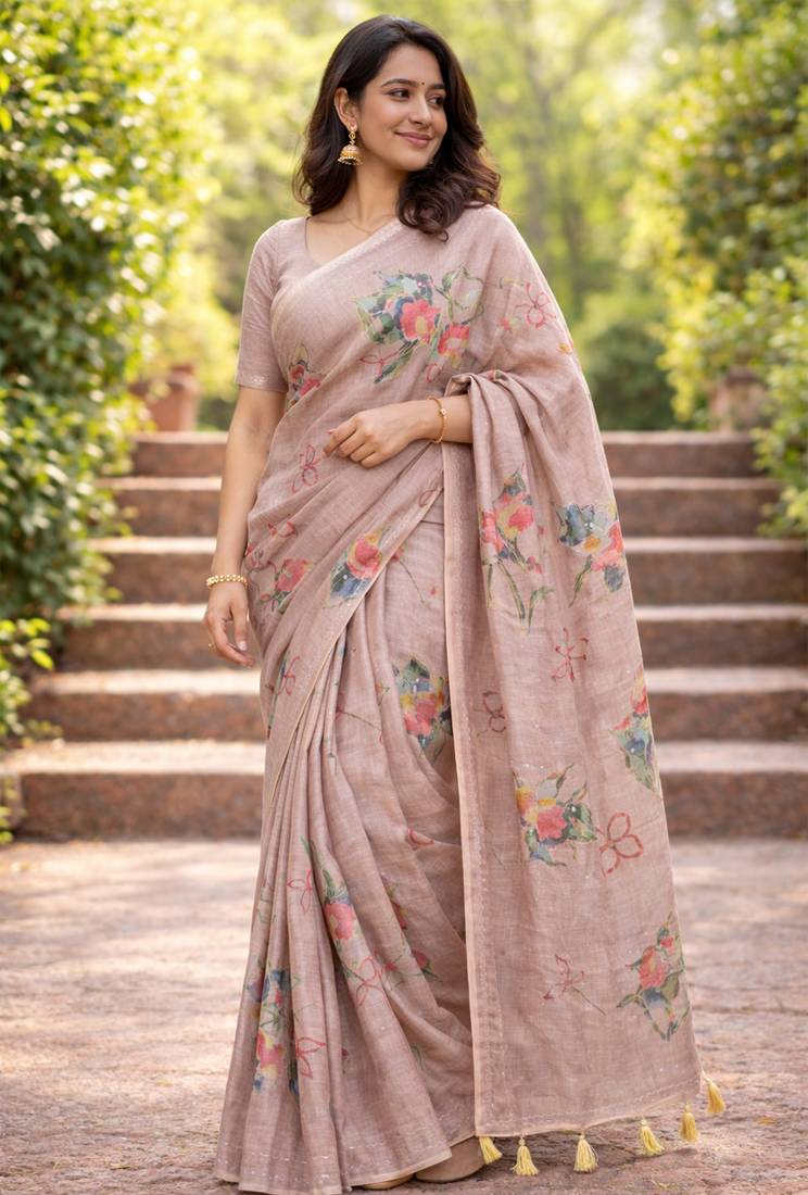Sangam prints beige cotton print with aari work woven work traditional saree