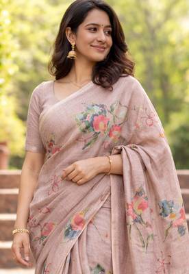Sangam prints beige cotton print with aari work woven work traditional saree 2