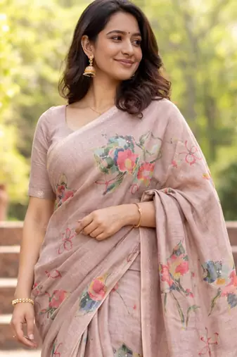 Sangam prints beige cotton print with aari work woven work traditional saree