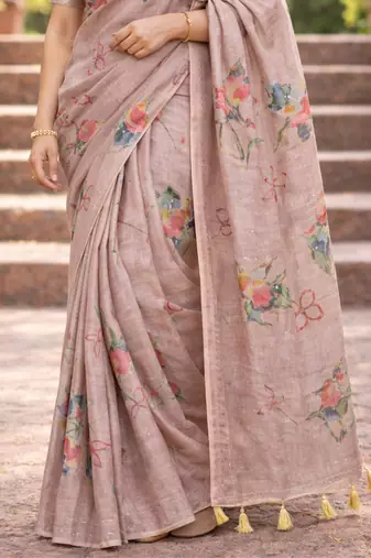 Sangam prints beige cotton print with aari work woven work traditional saree