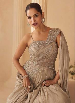Cream Chinon silk free size stitched gown with embroidery  2