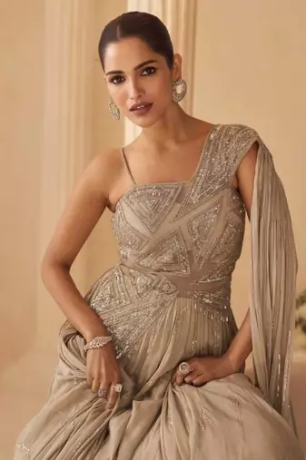 Cream Chinon silk free size stitched gown with embroidery 