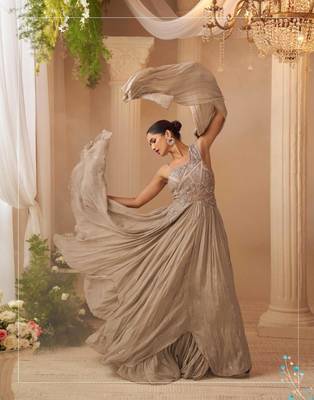Cream Chinon silk free size stitched gown with embroidery  3