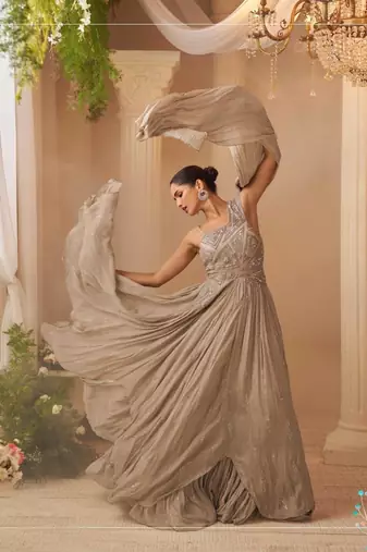 Cream Chinon silk free size stitched gown with embroidery 