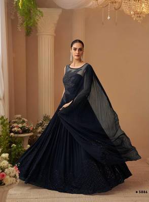 Black Chinon Silk Free Size Stitched Gown with Embroidery  3