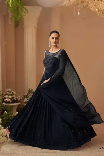 Black Chinon Silk Free Size Stitched Gown with Embroidery 
