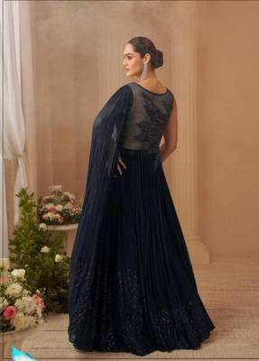 Black Chinon Silk Free Size Stitched Gown with Embroidery  4