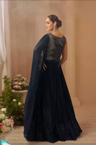Black Chinon Silk Free Size Stitched Gown with Embroidery 