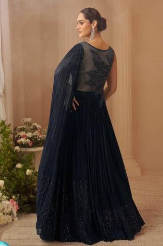 Chinon silk free size stitched gown with embroidery work