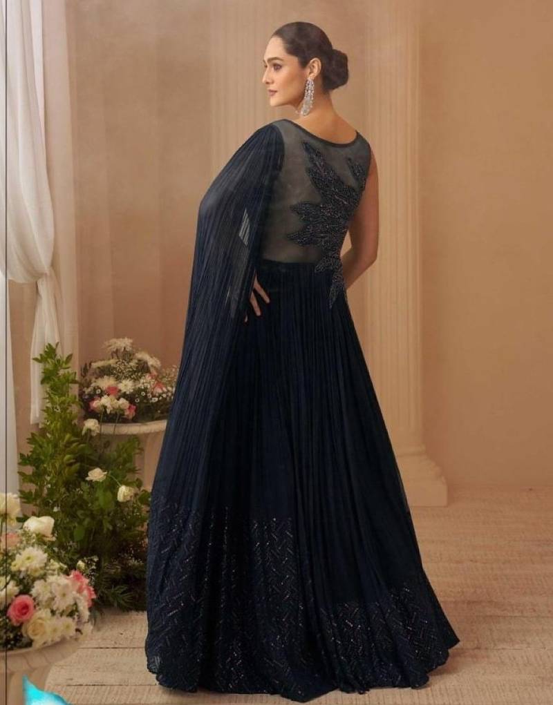 Chinon silk free size stitched gown with embroidery work