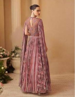 Pink Chinon Silk Free Size Stitched Gown with Embroidery  3