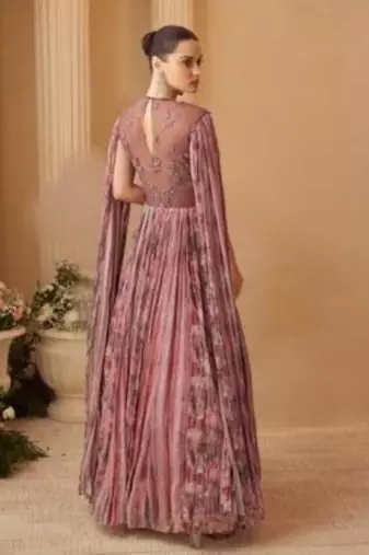 Pink Chinon Silk Free Size Stitched Gown with Embroidery 