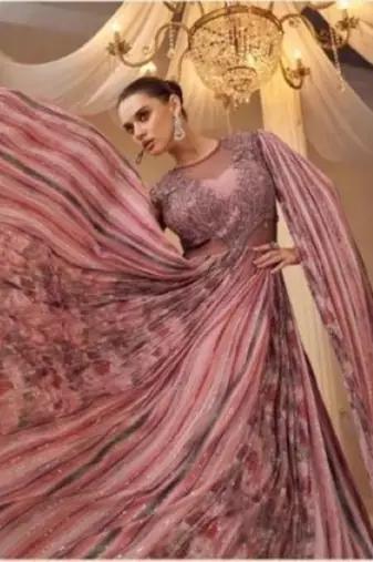 Pink Chinon Silk Free Size Stitched Gown with Embroidery 