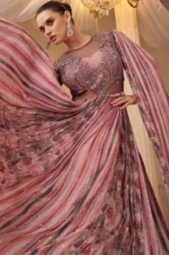 Chinon silk free size stitched gown with embroidery work