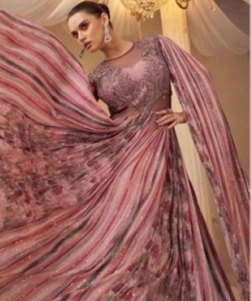 Chinon silk free size stitched gown with embroidery work