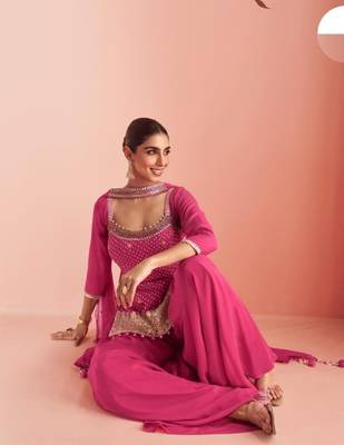 Pink Chinon Free Size Stitched Suit with Embroidery  3