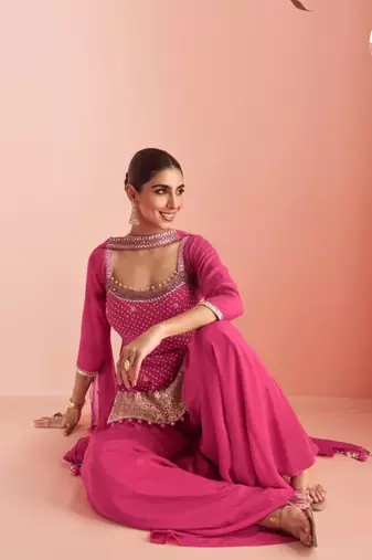 Pink Chinon Free Size Stitched Suit with Embroidery 