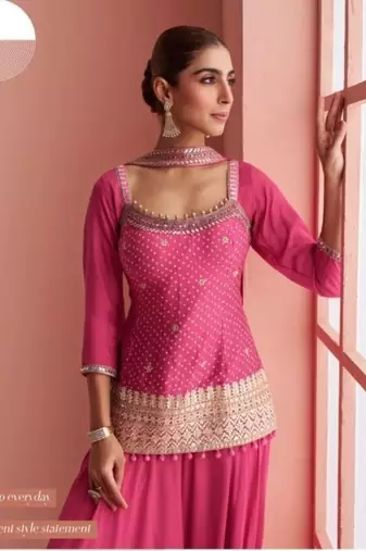 Pink Chinon Free Size Stitched Suit with Embroidery 
