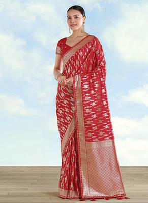 Red banarasi silk blend zari woven saree 1