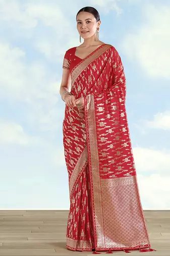 Red banarasi silk zari woven saree