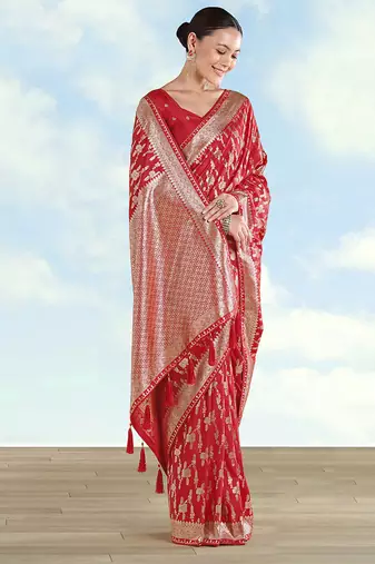 Red banarasi silk blend zari woven saree