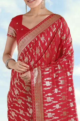 Red banarasi silk blend zari woven saree
