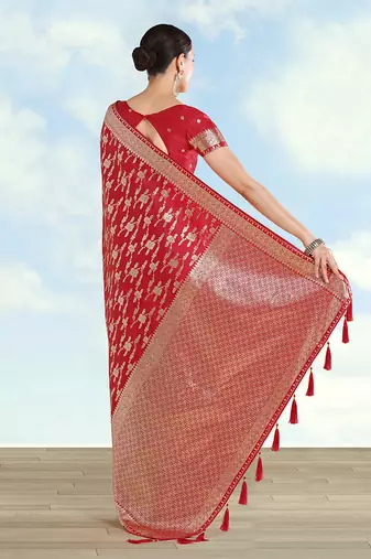 Red banarasi silk blend zari woven saree