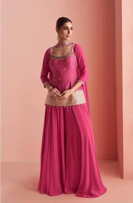 Pink Chinon Free Size Stitched Suit with Embroidery  5