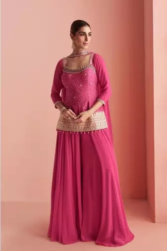 Pink Chinon Free Size Stitched Suit with Embroidery 
