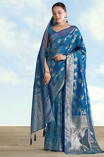 Teal blue banarasi silk zari woven saree with dupatta