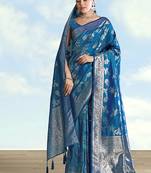 Teal blue banarasi silk blend zari woven saree with dupatta