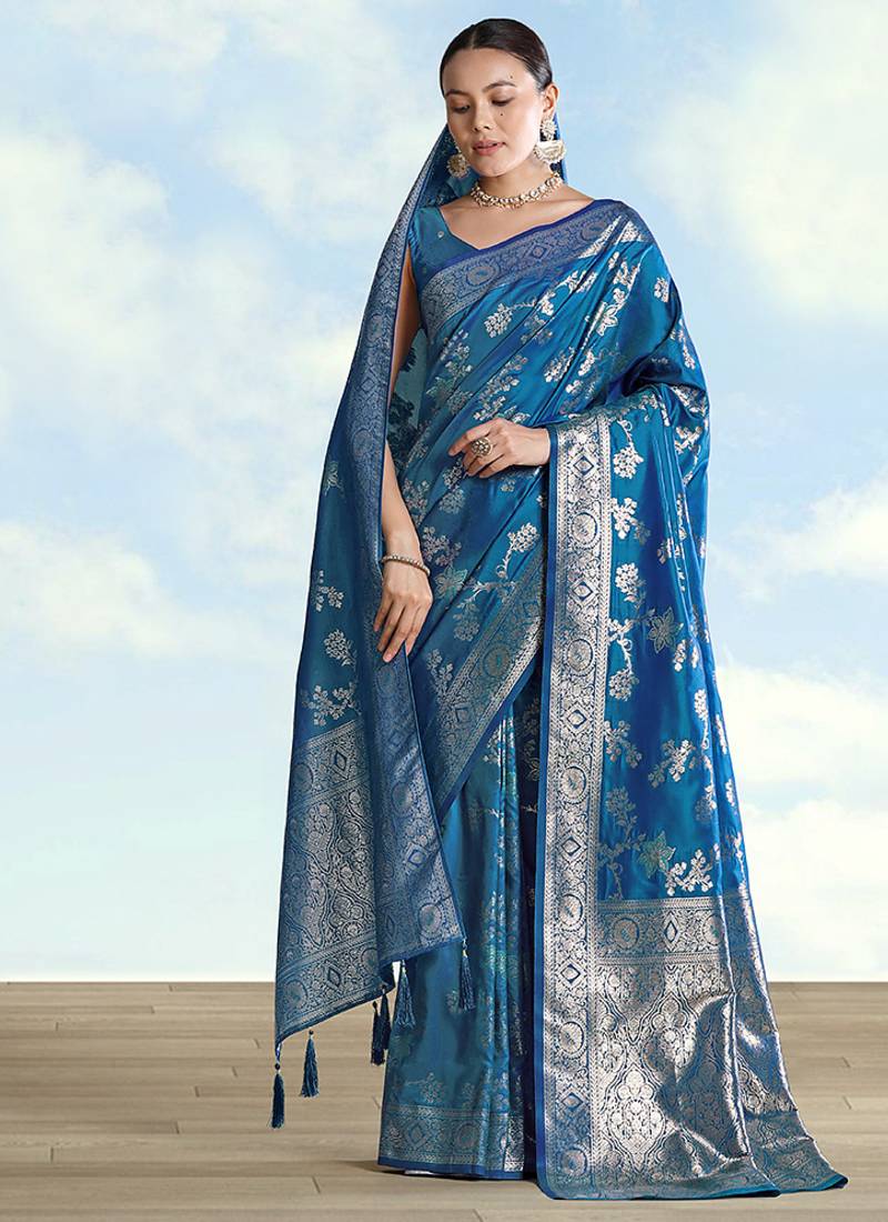 Teal blue banarasi silk zari woven saree with dupatta