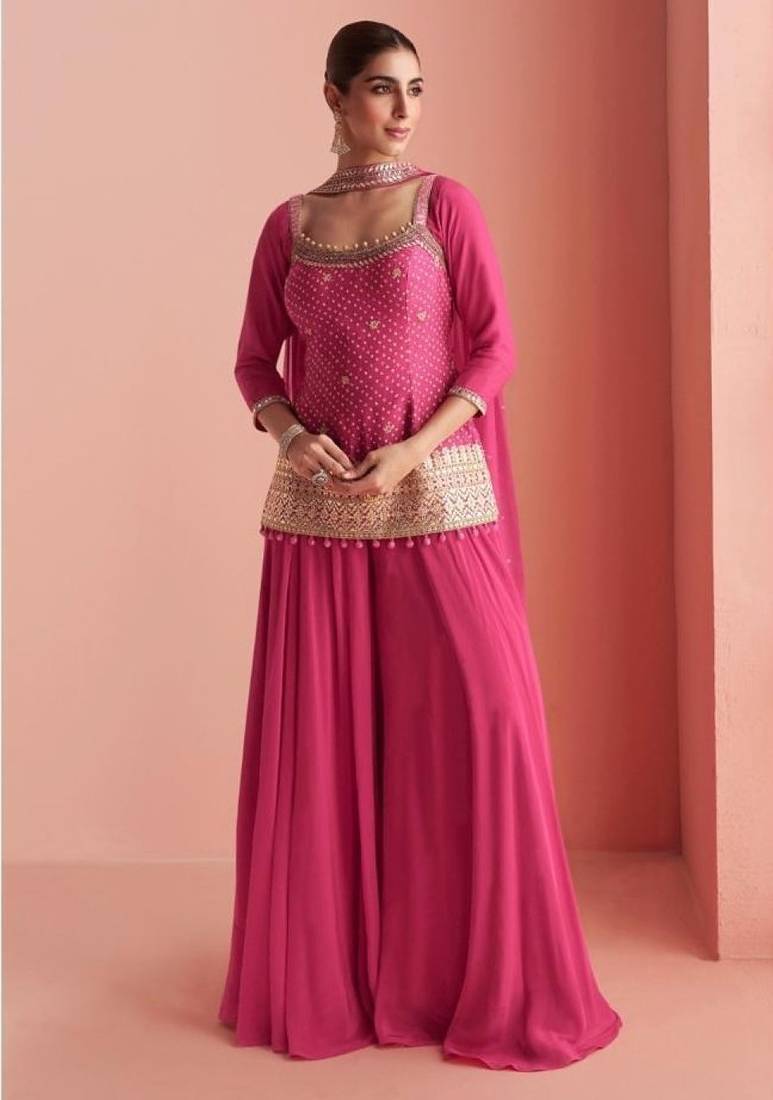 Chinon free size stitched suit with embroidery work