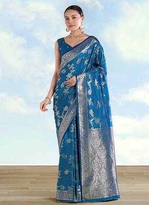 Teal blue banarasi silk blend zari woven saree with dupatta 2