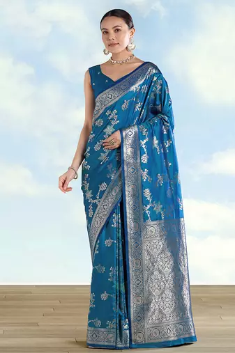 Teal blue banarasi silk blend zari woven saree with dupatta