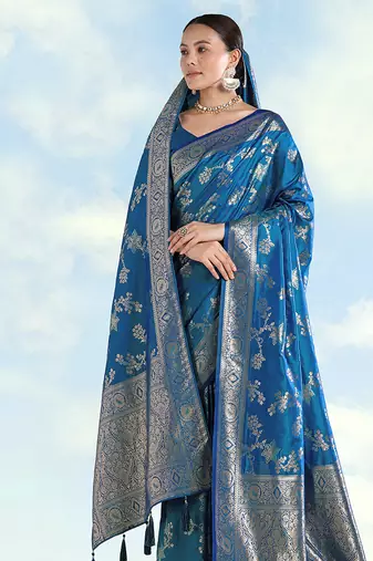 Teal blue banarasi silk blend zari woven saree with dupatta