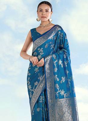Teal blue banarasi silk blend zari woven saree with dupatta 4